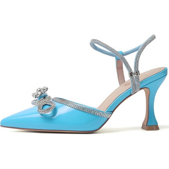 Women's Rhinstone Light Blue Adjustable Strap Bow Closed Pumps Heeled Shoes - Picture 2 of 9